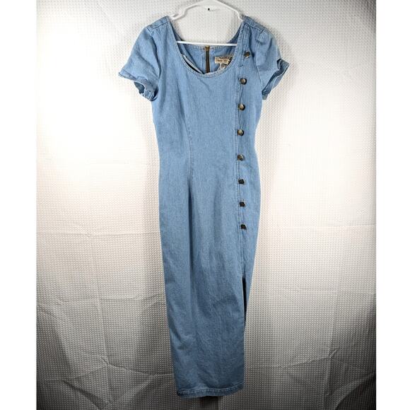 Tickets Clothing 9/10 Made in USA Denim Dress Light Blue Button Side Vintage 90s - Picture 1 of 7